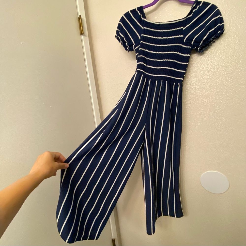 Navy blue puff sleeve wide leg smocked Striped stretchy Jumpsuit Romper 10-12